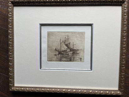 From the Cirino Estate an early Etching of Boats moored in Rockport Harbor: Antonio Cirino (1890 – 1995), unsigned. "Two Vessels at Mooring". Etching. Image: 5” x 7”, Framed under glass. Antonio Cirino loved his home in Rockport, a retreat from the urban se
