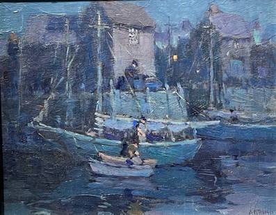 "Rockport Motif #1 at Midnight", aka "Rum Runners" by Antonio Cirino: Antonio Cirino (American, 1888 – 1983), SLR. Oil on Board. Dimensions: 13" x 16" (framed). Every James Bond movie has a clandestine night escape or rendezvous on the pier. Why would a fishing b