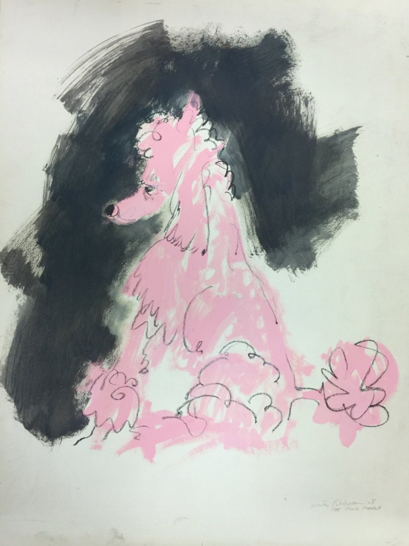 Playful Feldman work: Walter Feldman (1925 â€“ 2017). "The Pink Poodle", 1958. Acrylic & Charcoal on Paper. Signed, dated & title, lower right. Dimensions: 30” x 22.5”. Fresh back from his year abroad in I