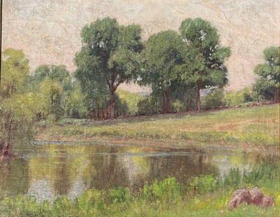 Lexington Massachusetts landscape by mid-century Boston painter: Artist F.E. Robertson (20th century). "Frog Pond, Lexington, MA", 1948. Oil on board. Signed and dated, lower left. Title and date on artist label verso. Dimensions: 11" x 14". Framed: 15" x 18".