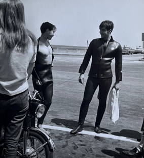 Noted "Family of Man" photographer vintage print of Narragansett, RI: Carmel Vitullo (American, b.1925). "Surfers at Narragansett Pier, RI", 1967. Silver gelatin print by the hand of the photographer. Signed and dated '1967' verso. Dimensions: 7" x 8" (image), 11" x