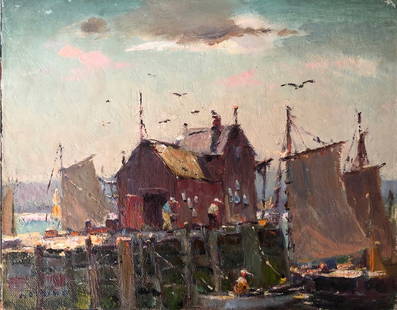 Rockport Harbor "Motif #1" by Antonio Cirino: Antonio Cirino (1888-1983). Oil on board. SLL. Artist label verso. Provenance: from the artist estate. Framed. Cirino loved his home in Rockport, Mass, a summer retreat from the urban setting of Provi