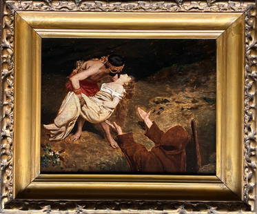 FRENCH MASTER paints the Entombment of Atala: Artist: David Courtois (French, dates unknown). "Enterrement d'Atala". Oil on mahogany panel. Signed lower left. Label with artist & title in French, verso. Dimensions: 8" x 10"; framed: 12" x 14". Th