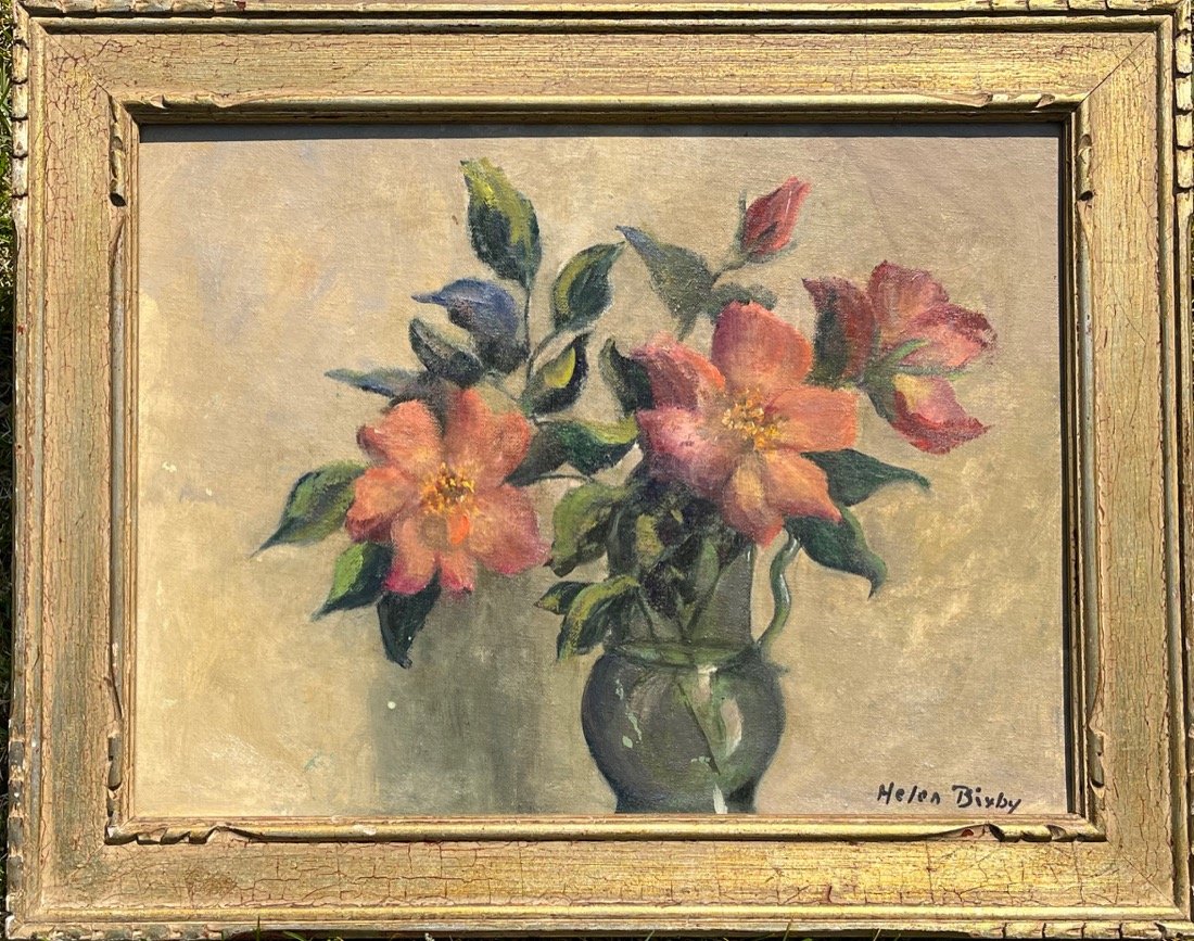 Boston Art Club Woman artist Helen Bixby: Helen Stephenson Bixby (American, late 19th Century). Still Life, Vase of Flowers. Oil on canvas. Signed lower right CIRCA 1885. Dimensions: 12” x 16”; housed in original frame: 15.5&rdquo