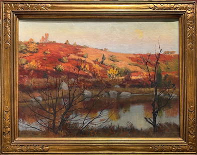 Providence School artist Frank Mathewson: Matunuck, RI: Frank Mathewson (1862-1941). "Matunuck, RI", 1927.. Oil on canvas. Signed lower right & inscribed "Matunuck" lower left. Titled "October Evening, Matunuck" & dated on label verso.Dimensions: 17 1/2" x