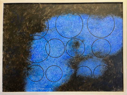 Feldman 2013 Modernist Abstract: Walter Feldman (1925- 2017). "Gentle Evening (Blue Event)", 2013. Acrylic on hand made gessoed paper, mounted on Masonite. Signed & dated lower right. Dimensions: 22” x 30”; framed: 24&rdq