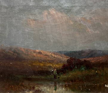 Providence School: Whitaker Barbizon Landscape: Whitaker, George William (American, 1840-1916), Landscape with Mountain Stream and Two Figures. Unsigned. Attributed to George Whitaker & date “June, 27, 1903” on stretcher bar by owner. O