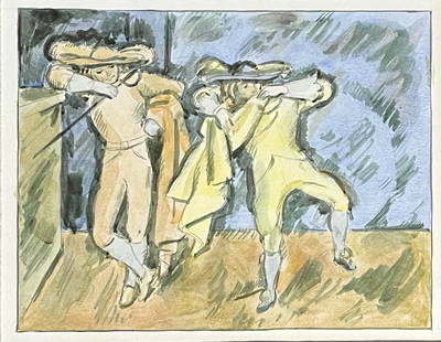 Mid-Century Modern: Herbert Watercolor & Preparatory Drawing: James Drummond Herbert (1916-2009). "The Gallant". Watercolor on paper. Dimensions: 8" x 12". Framed: 12" x 16". Lot also contains a mounted preparatory sketch, 6" x 8". The roguish Musketeer for Herb