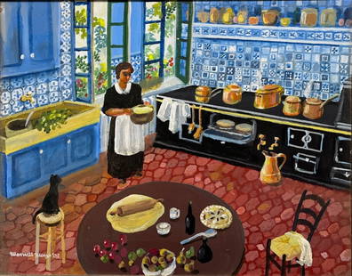 "Joyful Pie Baking in the Kitchen" by RI Folk Artist Max Mays: Maxwell Mays (1918-2009). Medium: oil on canvas. Signed & dated '2002', lower left. Dimensions: 16" x 20"; framed: 20 1/2" x 21/2".The artist Max Mays (1918 – 2009) became a Rhode Island icon f