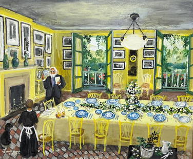 Folk Artist Max Mays- "Setting the Table in a Grand House: Maxwell mays (1918-2009). Medium: Oil on Board. Signed & dated '2002', lower left. Dimensions: 20" x 24"; framed: 24" x 28". The artist Max Mays (1918 – 2009) became a Rhode Island icon for his
