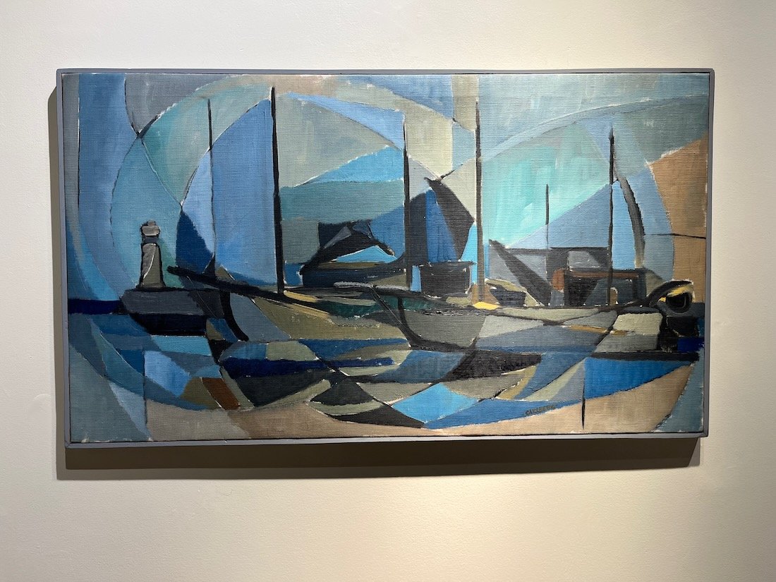 Swedish Modernist work of Coastal Scene in Cubism: Cubist Coastal Scene, n.d. Medium: oil on board. Signed 'Carlberg', lower right. Dimensions: 17" x 28". Framed: 18" x 29". This cubist works is from the collection of a Swedish ex- patriate who enjoye
