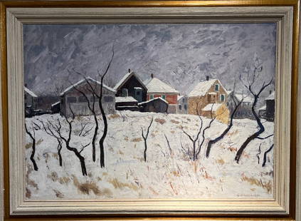 Westerly Snow scene by Providence School artist: Stephen Macomber (1889-1983). "Snow Scene". Oil onboard. SLR. Dimensions: 26" x 37"; framed 35" x 45". This very large work is a strong addition to any collection of American painting. Macomber’s