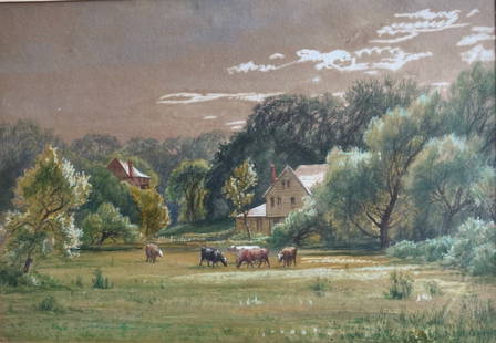 American landscape in tradition of Edmund Darch Lewis: An unsigned watercolor of a farmland scene that measures 11" x 14" and comes mounted on paper board (15" x 19"), but unframed. The work is in good condition. Fear of the unknown… could this be an Ed