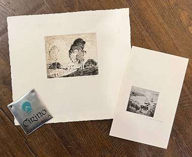 Antonio Cirino rare Rockport print & Grace Albee print: This lot contains three items (etching; lithograph & steel name plate) from the estate of Antonio Cirino (1888-1983) & a Grace Albee wood engraving. Cirino etching is 4" x 5" & comes matted (10" x