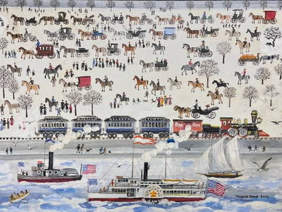 RI Folk Artist Max Mays' Ship, Trains & Coaches: Maxwell Mays (1918-2009). "Getting There is half the Fun", 2005. Oil on canvas. Signed & dated lower right. Dimensions: 18" x 24"; framed 23" x 29". This is a quintessential folk art painting by Max