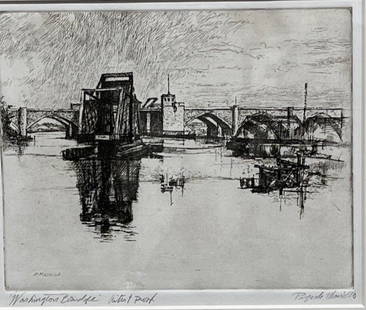 Bert Gallery: Attic Sale: Pasquale Masiello (1912-1987). "Washington Bridge, Providence, RI". Etching. Signed & titles in pencil, lower margin. Artist Proof. Signed in plate as well. Dimensions: 7" x 8"; framed under glass: 13