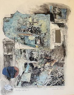 Noted college artist Riva Leviten: Riva Leviten (American, 1930-2013). "Charley Company II". Medium: collage and monotype on paper. Signed lower right. Title lower left. Dimensions: 14" x 11" Framed under glass: 21" x 18". Riva