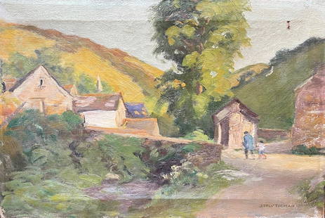 Providence School: Stacy Tolman landscape (Attic Sale): Stacy Tolman (1860-1935). Oil on canvas. Signed lower right. Village scene (? Cornwall) with Figures. Dimensions: 8" x 12". Work is in fair condition in need of repair & restoration. No reserve on thi