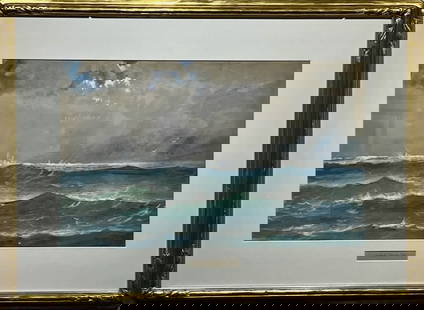 American Seascape Master Edmund Darch Lewis "Cape Ann".: Edmund Darch Lewis (1835-1910). "Northeastern Cape Ann, Mass, 1901". Watercolor on paper. Signed. Titled by artist in pencil on original mat. Dimensions: 20" x 33". Matted and framed under glass. Repr