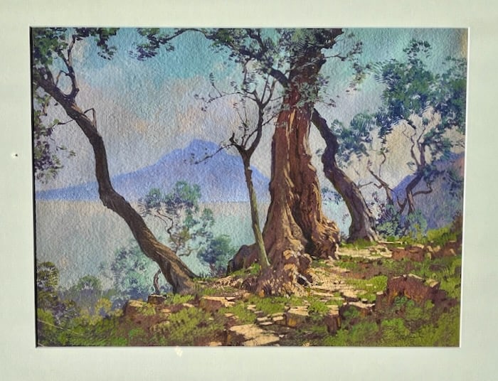 Virtuoso Watercolorist Dyer-- Mount Vesuvius landscape, 1930s (1 of 5)