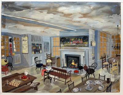 Rhode Island Master Watercolorist- Max Mays: Maxwell Mays (1918-2009). "The Upscale Tavern". Gouache on board. Signed and dated '69, lower left. Dimensions: 21" x 26". Matted and framed under glass: 31" x 36". Titled verso on label.Max loved to