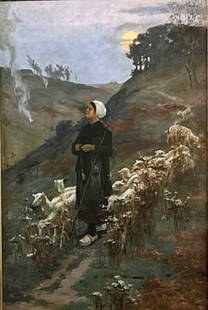 American Genre scene of Shepherdess Guarding her Flock: Walter Satterlee (American,1844-1908). "The Shepherdess". Oil on canvas. Initialed 'W.S.", lower right. Dimensions: 36" x 24". Comes framed: 40" x 28". A well pedigreed American genre painter, Satterl