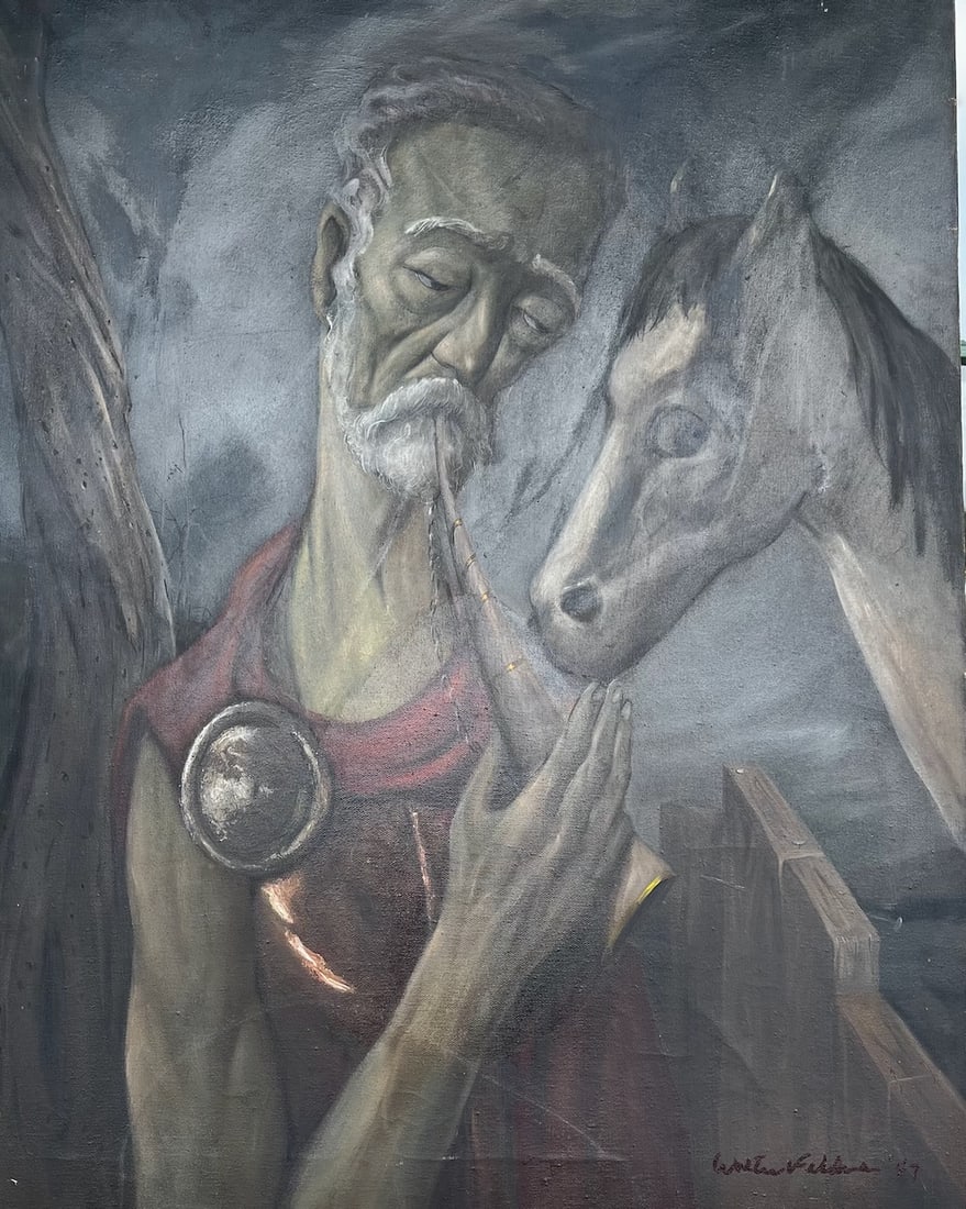 1940's Transition: Realism to Modernism: Walter Feldman (1925-2017). "The Prophet", 1947. Oil on canvas. Signed and dated, lower right. Dimensions: 31" x 24". Unframed. This 1947 painting of "The Prophet" is from a transitional period for ar