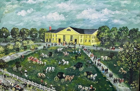Max Mays' Yankee Magazine New England Homestead: Maxwell Mays (1918-2009). "Fancy New England Yellow House Party", 2005. Oil on canvas. Signed and dated, lower right. Dimensions: 24" x 36". Framed: 31" x 43".The artist Max Mays (1918 – 2009) becam