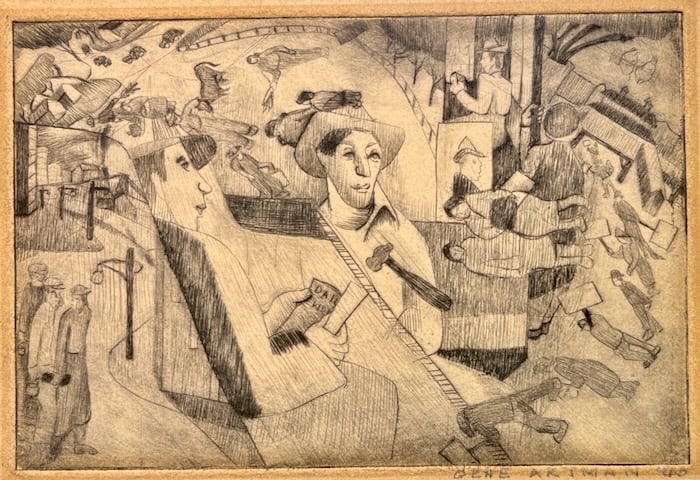 WPA New York City artist Jean Artman: Jean (Gene) Artman (American, 1887-1953). "Laborers at Work", 1940. Etching. Signed and dated in pencil in margin, lower right. Dimensions: 4" x 6" (image); 6" x 8" (sheet).Jean Artman enjoyed nationa