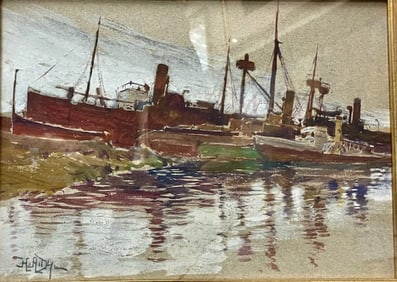 Providence School Artist. Gouache of Working Boats in Port
