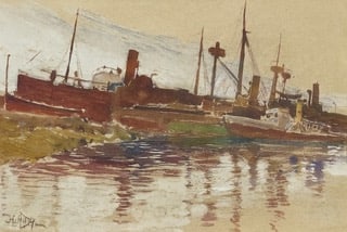 Providence School Artist. Gouache of Working Boats in Port