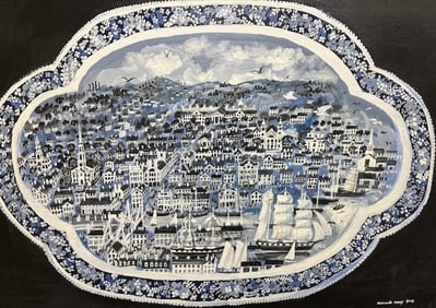 Historic Providence on Blue Willow China Trompe d'oeil