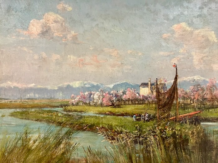 Providence School and Paris trained artist: Artist: Walter Francis Brown (American, 1853-1929). Title: Village in Northern France. Oil on canvas. Signed lower right. Dimensions: 14" x 18". Framed: 18" x 22". This painting captures a picturesque