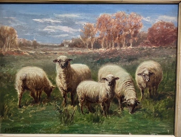 Pastoral Peace by Providence School artist Hays: Artist: George Arthur Hays (American, 1854-1945). Title: Grazing Sheep, 1901. Oil on canvas. Signed lower left. Signed and dated on canvas verso. Dimensions: 12" x 16". Housed in period frame: 19" x 2