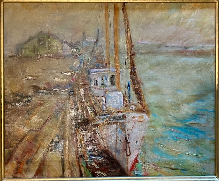 Higgins Wharf, Provincetown by Masiello: Artist: Pasquale Masiello (American, 1882-1956). Title: Higgins Wharf, Provincetown. Oil on canvas. Signed and dated '48, lower right. Title on frame verso. Dimensions: 15" x 18"; framed: 22" x 25". H