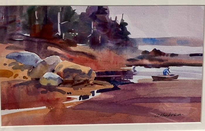 Noted RI watercolorist and illustrator "Al" Albrektson: Artist: Evald (Al) Albrektson (Swedish/American, 1919-2022). Title: Quiet Place. Watercolor on paper. Signed lower right. Artist label with title verso. Dimensions: 6 1/2" x 10". Matted & framed under