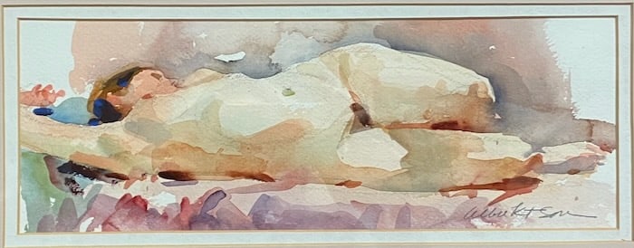 Reclining Nude by noted RI watercolorist Albrektson: Artist: Evald (Al) Albrektson (Swedish/American, 1919-2022). Title: Reclining Nude. Watercolor on paper. Signed lower right. Artist label verso with title. Exhibition label with title and third place