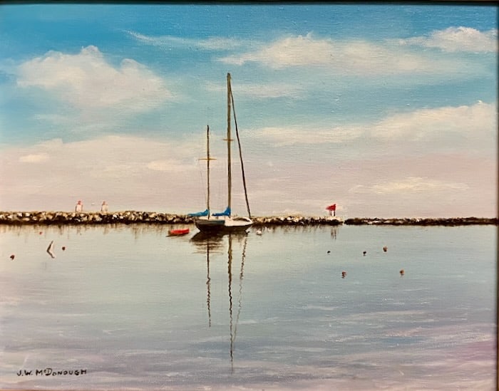 Rhode Island Sailor and Painter: John W. McDonough (American, 20th C). Title: At Rest. Oil on canvas. Signed lower left and artist label verso. Dimensions: 11" x 14". Framed: 17" x 20". An accomplished local sailor and painter, John 