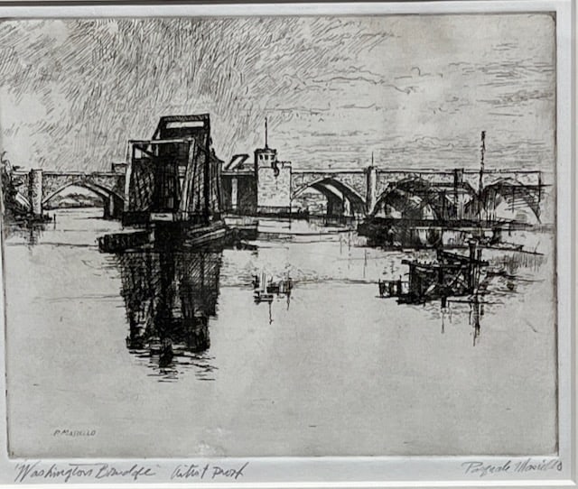 Masiello etching of the Washington Bridge, Route 195: Pasquale Masiello. Title: Washington Bridge, Providence, RI. Etching: Signed and titled in pencil in lower margin. Artist Proof. Signed in plate. Dimensions: 7" x 8 1/2". Matted and framed under