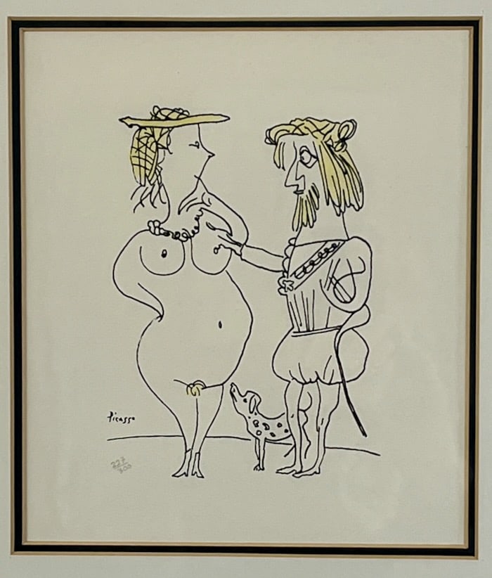 Pablo Picasso lithograph: Artist: Pablo Picasso (Spanish, 1881-1973). Title: Le Seigneur et la Dame, 1972. Color lithograph on Velin Arches paper. Signed in plate. Numbered in pencil '227/300', lower left. Published by Andre S