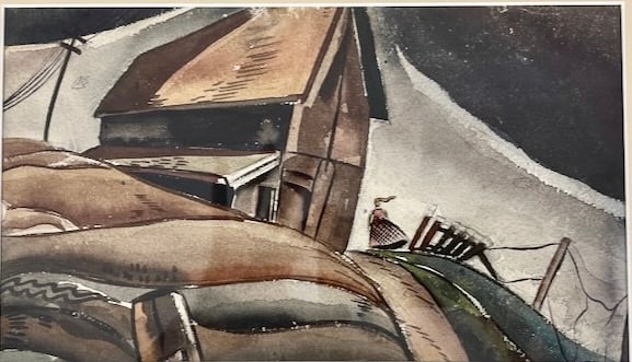 Regionalism- Toto we are not in Kansas anymore: Unsigned watercolor. Dimensions: 6" x 10". Matted and framed under glass: 15" x 19". A strong American Regionalist watercolor, this unsigned work recalls the open landscapes and plainspoken imagery as