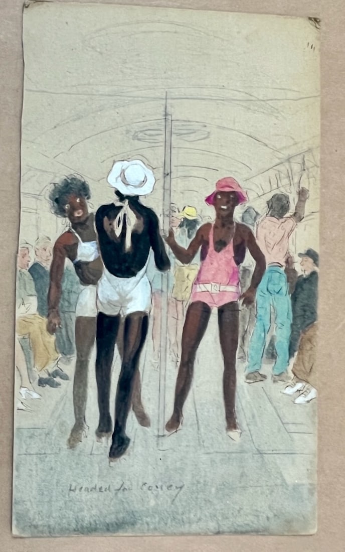 Subway Ride to New York's Coney island: Artist: George Dannenberg (American, 1882-1978). Title: Headed for Coney Island. Watercolor and graphite on paper. Signed verso. Titled: lower left. Dimensions: 13 3/4" x 8". Comes unframed. In the 19