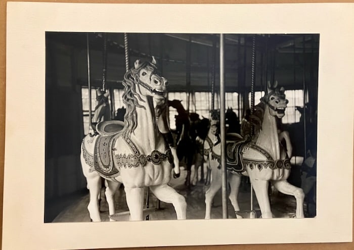 Amusement Parks and Carousels- Passing Fancies: This lot contains two vintage silver gelation photographs by Carmel Vitullo (b. 1925). Title: Carousel Crescent Park. Vintage silver gelatin print. Crescent Park Carousal is stamped verso. Printed by 