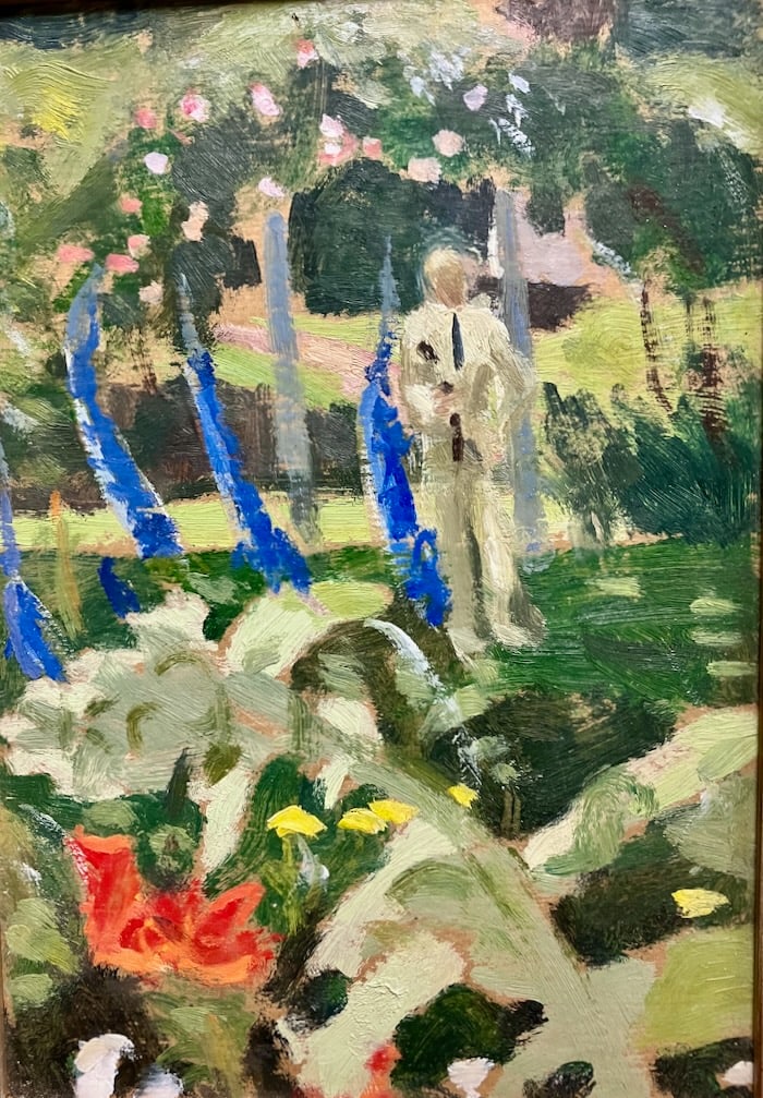 Modernist Gem- Modest in size, bold in effect: Artist: Mabel Ducasse (American, 1895-1976). Title: Curt in the Garden. Oil on board. Unsigned. From artist estate. Dimensions: 8" x 6". Framed: 11" x 9". A small but strong painting, Curt in the Gard