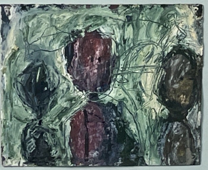 Three Expressionistic Figures by Sally Bishop: Artist: Sally Bishop (American, 1936-1994). Mixed media work on paper. Signature not visible (probably verso on paper). Dimensions: 7" x 8 1/2". Housed in gold leaf frame. Matted and framed under