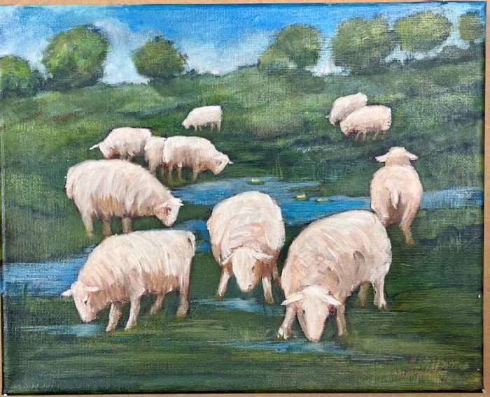 The Simple Appeal of Farm Life: Artist: Susan Williams (American, 20th C.). Title: Sheep on the Shore. Oil on canvas. Signed lower right. Dimensions: 8" x 10" Unframed. Artist card verso. The appeal of sheep in contemporary painting