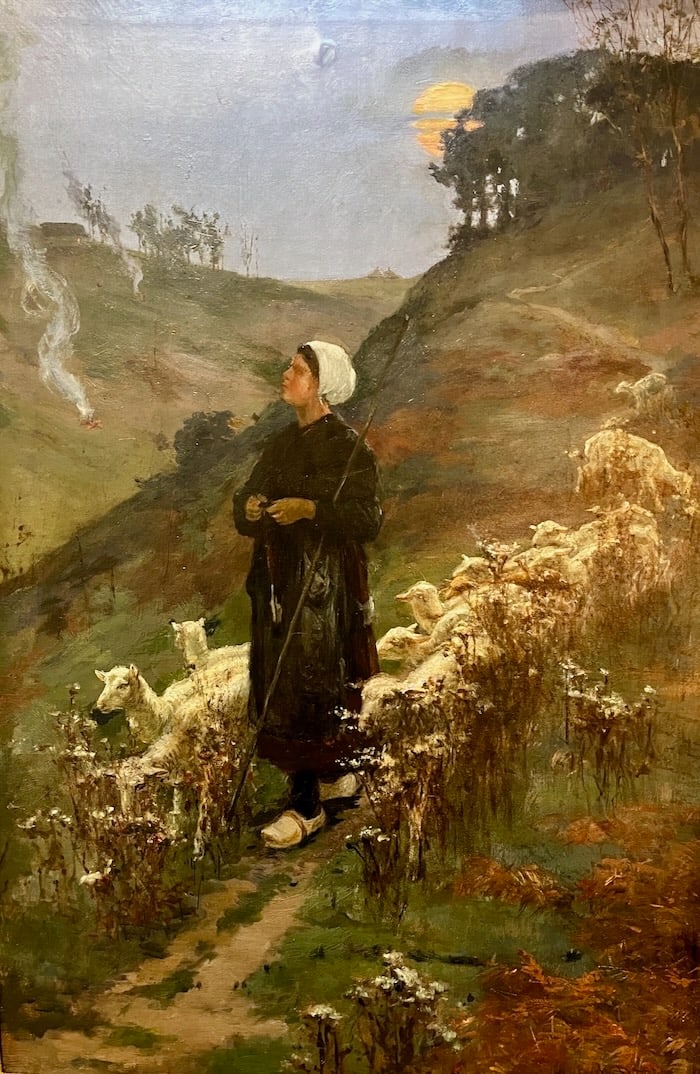 American Painter Satterlee's Shepherdess at Dawn: Artist: Walter Satterlee (American, 1844-1908). Title: The Shepardess. Oil on canvas. Initialed 'W.S.', lower right. Dimensions: 36" x 24". Framed: 41" x 29".A well-pedigreed American genre painter, W