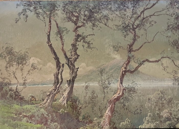 Historic Amalfi Drive scene by H.A. Dyer: Artist: Hezekiah Anthony Dyer (American, 1872-1943). Title: View of Vesuvius across the Bay of Naples. Gouache on paper. Signed lower left. Dimensions: 22" x 30". Framed under glass: 28" x 36". Dyer c