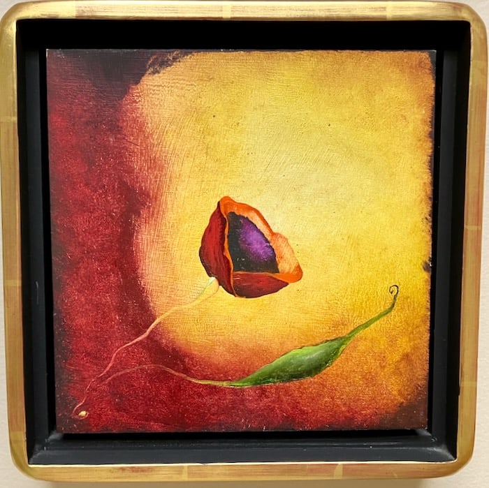 Larson 's Mystery of Nature: Artist: Jean Larson (American, b.1955). Title: La Saison Des Fleur, 1998. Oil on canvas. Signed, titled and dated on canvas, verso. Dimensions: 6" x 6". Housed infold gold leaf frame: 9 1/2" x 9