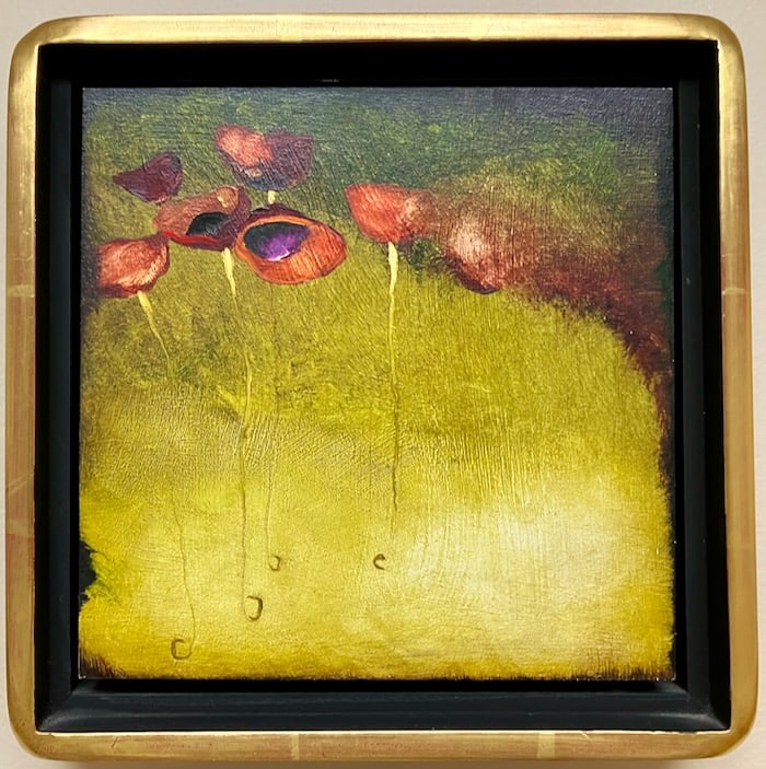 Larson's Mystery of Nature II: Artist: Jean Larson (American, b. 1955). Title: La Saison des Fleur, 1998. OIl on canvas. Signed, titled, dated on canvas verso. Dimensions: 6" x 6". Housed in inlay gold leaf frame: 9 1/2" x 9 1/2". 